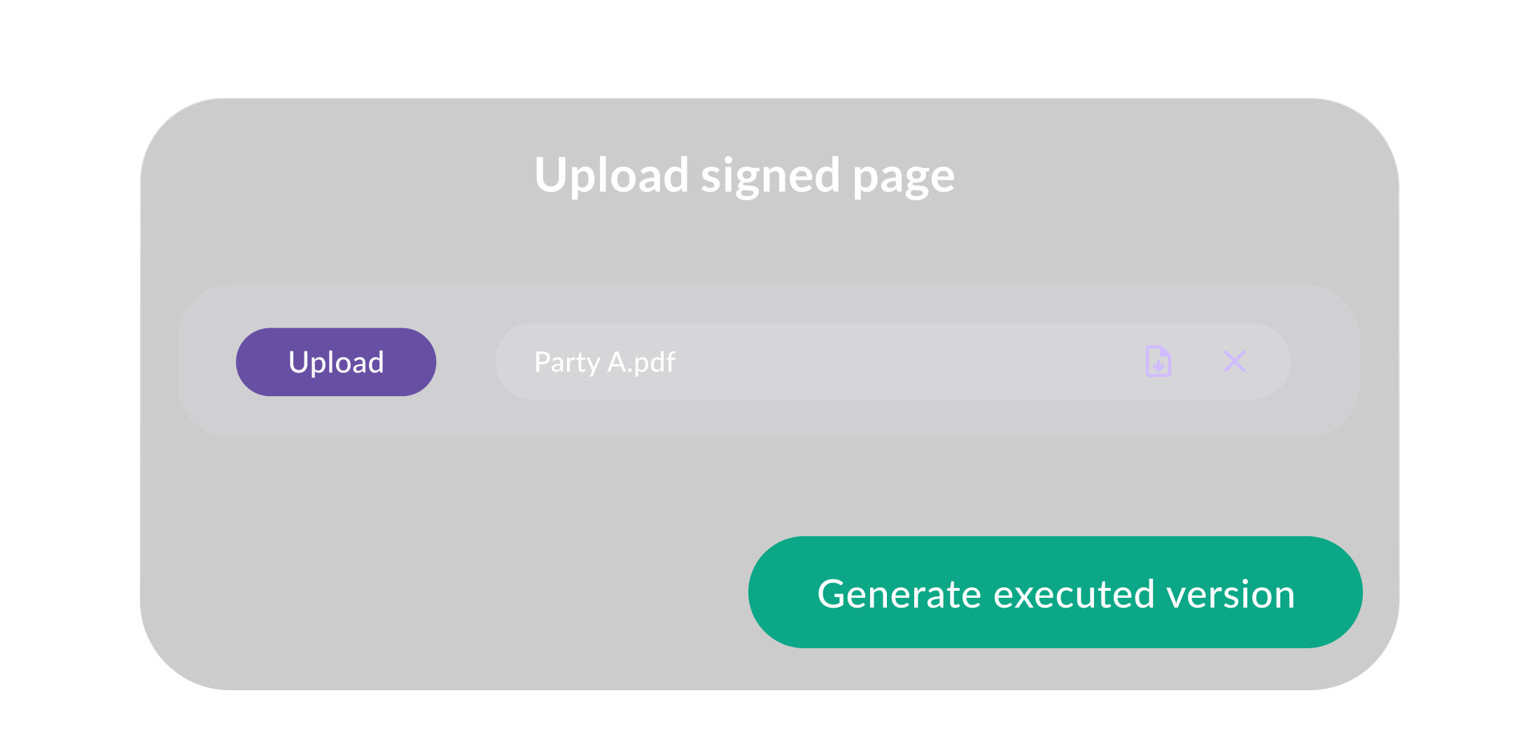 A prompt with an uploaded signature page and an enabled button to 'Generate executed version'