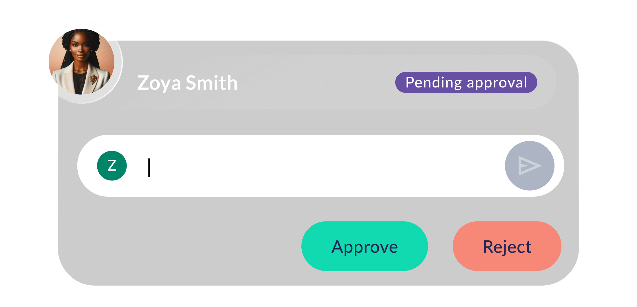 An approval textbox showing Pending approval as status and Approve and Reject buttons